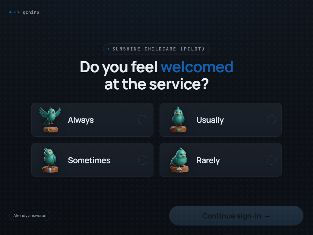 The Qchirp kiosk asking a family ‘Did your child sleep well last night?’ during sign-in